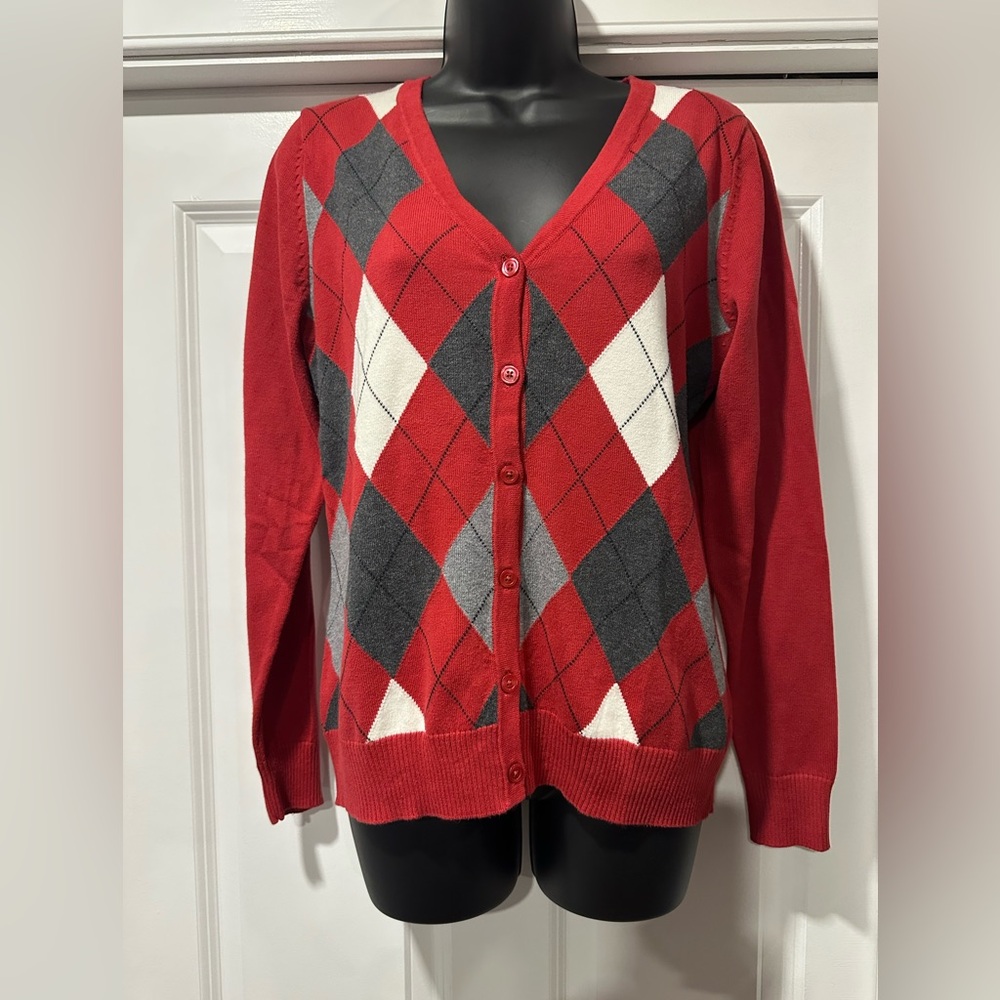 St. John's Bay Red and Gray Argyle Cardigan - Picture 2 of 5